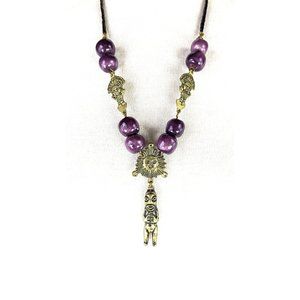 Tribal purple glass beaded gold metal Aztec Mayan style bead necklace